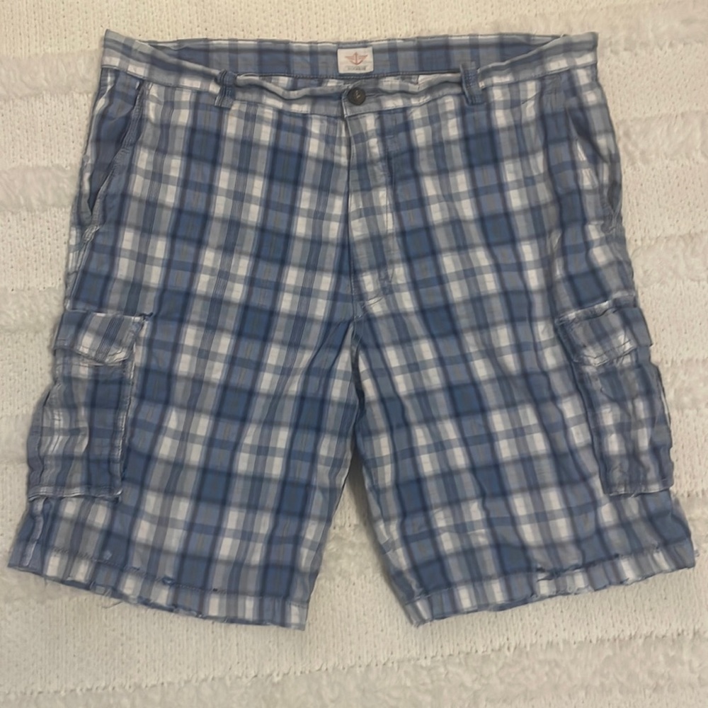 Dockers plaid cargo shorts 100% cotton flat front casual blue white mens size 38